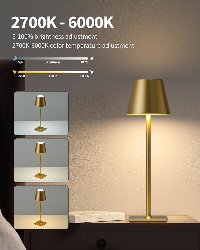 KDG Gold Cordless Table Lamps Set of 2, 4000mAh Rechargeable LED Desk Lamp | - Image 8