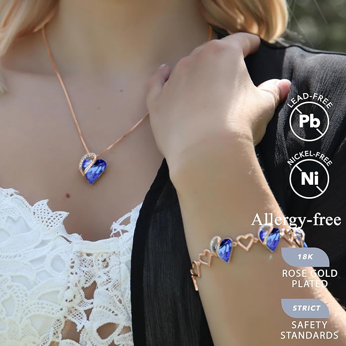 Leafael Rose Gold Plated Necklace for Women: Heart Shaped Birthstone/Healing Crystals Center, Dazzling Cubic Zirconia, Hypoallergenic Chain (18"+2"), Jewelry Gifts for Anniversaries and Birthdays