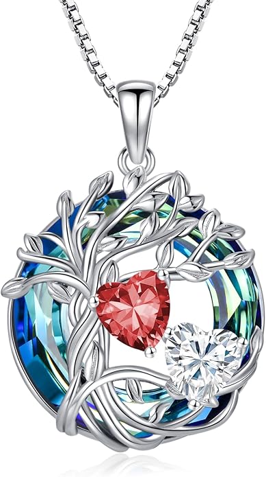 TOUPOP s925 Sterling Silver Family Celtic Tree of Life Pendant Necklaces with 2 Heart Birthstone with Blue Austrian Crystal Jewelry Birthday Valentines Day Gifts for Her, Anniversary Christmas Gifts for Wife Girlfriend Mom (18K Real White Gold Filled)