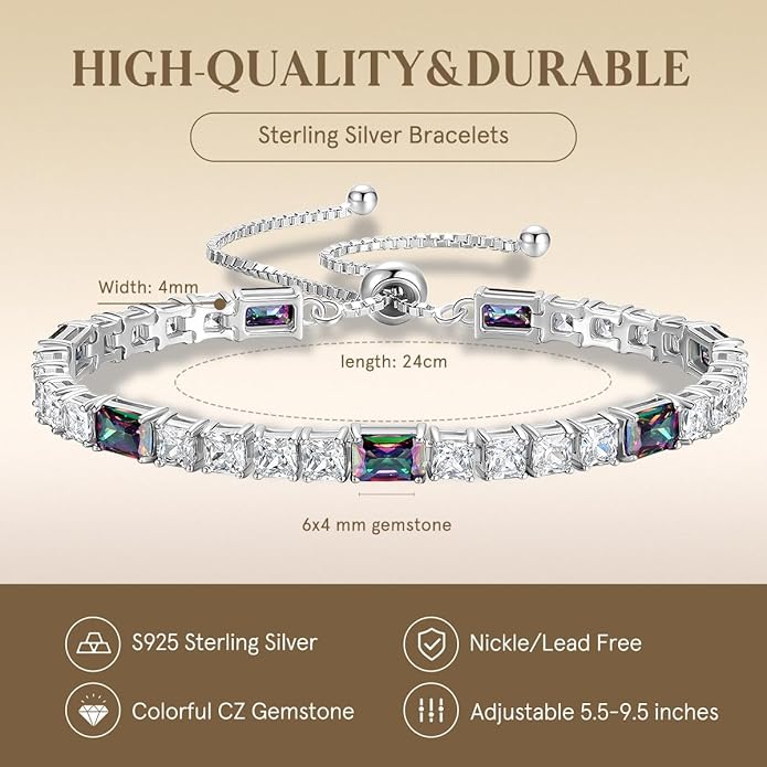 FANCIME Birthstone Bracelet for Women, Sterling Silver 4x6mm Gemstone Tennis Bracelet Bolo Adjustable Chain Fine Jewelry Birthday Gifts for Women Mom Wife Her