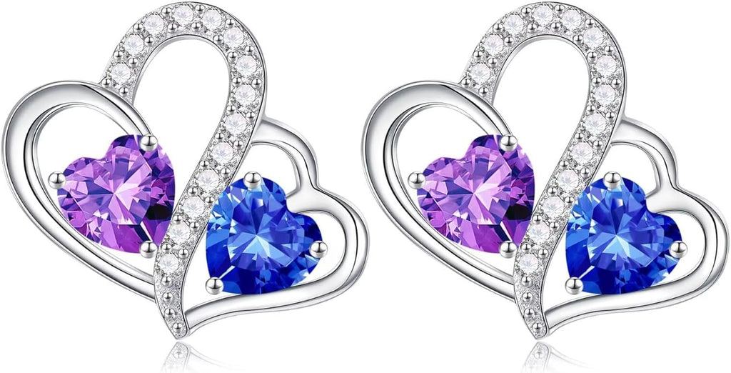 Iefil Valentines Day Gifts for Her - Birthstone Earrings Gift for Women, 925 Sterling Silver Double Heart Birthstone Earrings | Anniversary Birthday Gifts for Women, Personalized Jewelry for Wife Mom