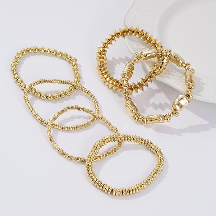 Gold Plated Beaded Bracelets for Women Trendy, 14K Gold Plated Stack Cross Pearl Gold Plated Bead Stretch Bracelets Set Elastic Hypoallergenic Bracelets Jewelry Gifts