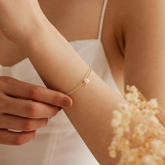 SLOONG Valentines Day Gifts for Her Gold Pearl Bracelets, 18K Real Gold Plated Dainty Stackable Snake Chain CZ Heart Pendant Bracelets, Layered Waterproof Jewelry Gift for Women Adjustable 6"+2"