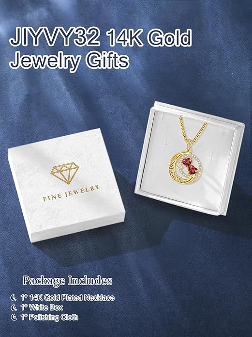 14K Gold Moon and Star Necklace Gifts for Women - Double Heart Birthstone Necklace, Valentines Wedding Anniversary Birthday Gifts for Her Wife Mom Daughter Grandma Sister