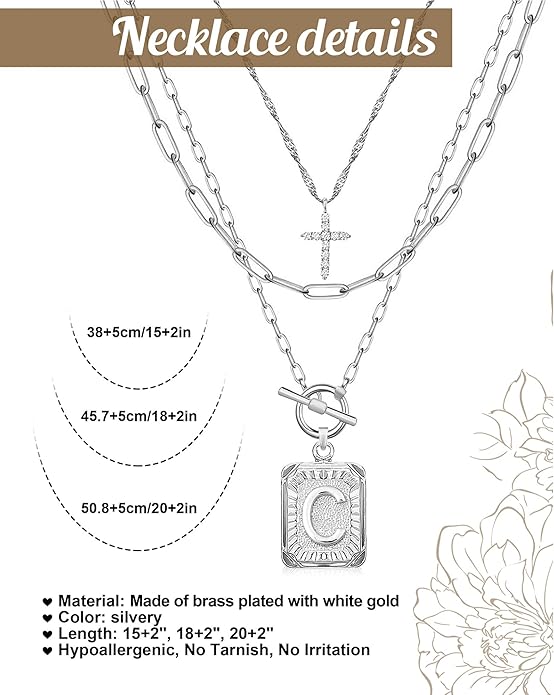 MJartoria Layered Initial Necklaces for Women Trendy, 14K Gold Plated Brass Simple Dainty Cross Choker Square Letter Pendant Necklace, Paperclip Chain Necklaces Jewelry