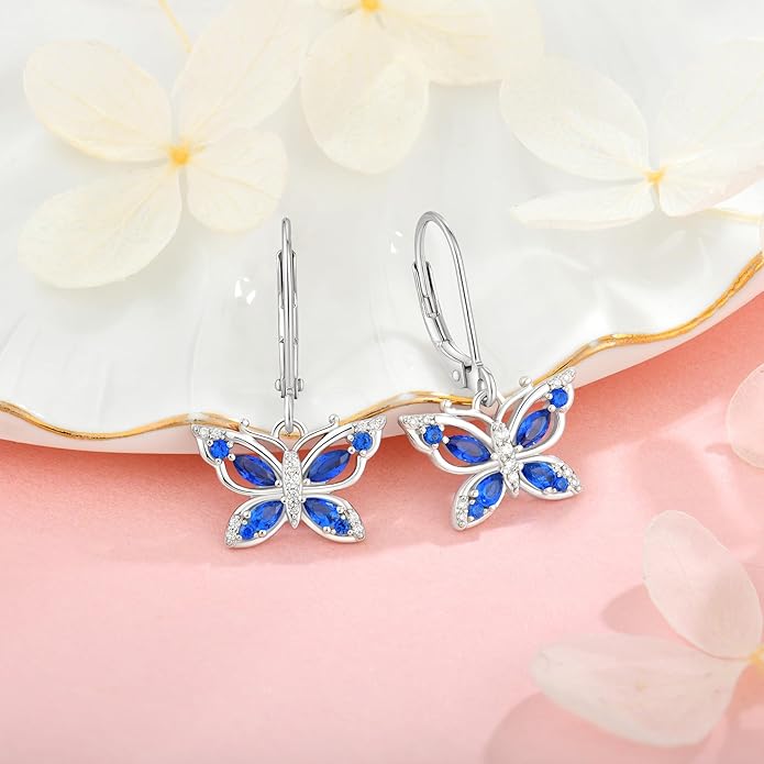 Women's Butterfly Leverback Dangle Earrings 925 Sterling Silver 5A Cubic Zirconia Jewelry for Valentine Mother's Day Birthday Gifts for Her