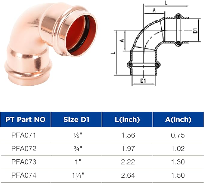 Copper Press Fittings 90 degree Elbow 1 inch 5 Pack Zero Lead | Press x Press - Image 3
