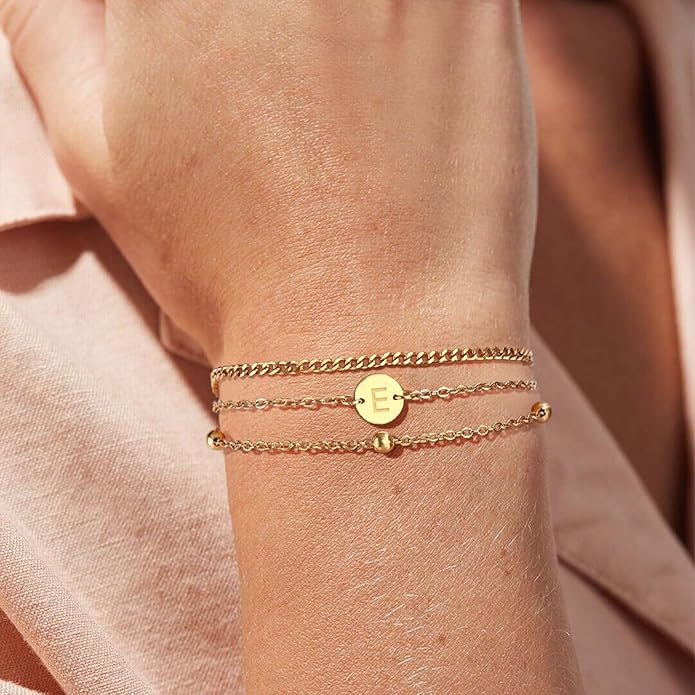 Valentines Day Gifts - A to Z Layered Initial Bracelets for Women - 18K Gold Plated on Stainless Steel Letter Charm Bracelet - Gold Jewelry Gifts for Birthday Christmas