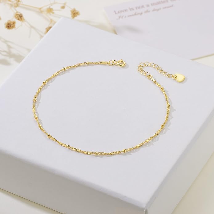 14K Gold Anklets for Women Gold Ankle Bracelets for Women Beaded Anklet for Womens Ankle Bracelet Water Wave-Inspired Design with Beads Twisted Anklets for Womens 9.4'' to 11''
