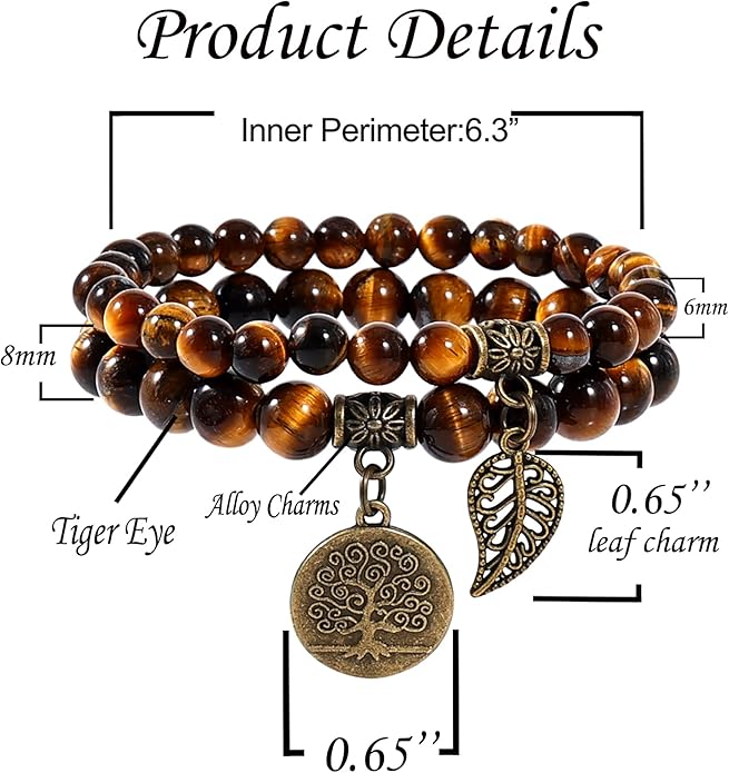 Bivei Natural Semi Precious Gemstone beads bracelet for women - Life Tree and Leaf Charm Energy Reiki Crystal Stretch Bracelets