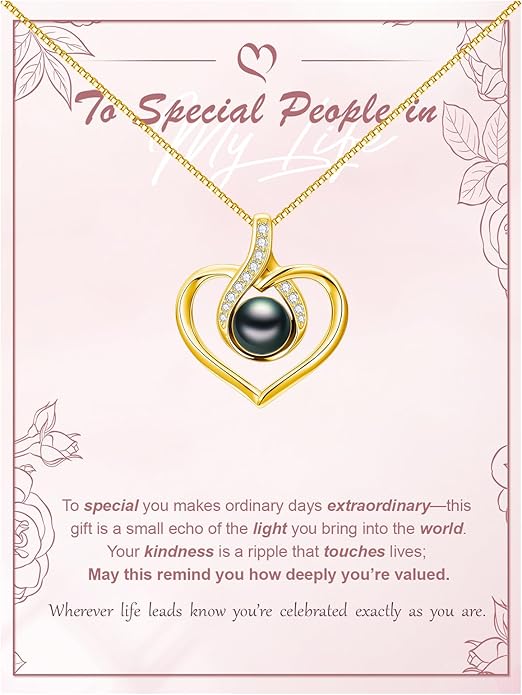 Tahitian Black Pearl AAAA 18K White Gold Plated Sterling Silver Heart Pendant Necklace for Women Wife Mom Girlfriend Valentine Her Jewelry Gift for Anniversary Birthday Christmas