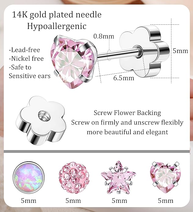 4Pairs 14K Gold Stud Earrings for Women Girls 316L Stainless Steel Hypoallergenic Earrings 20G Flat Back Handmade Nap Earrings Cute Screw Back Opal Heart Star Cartilage Earrings