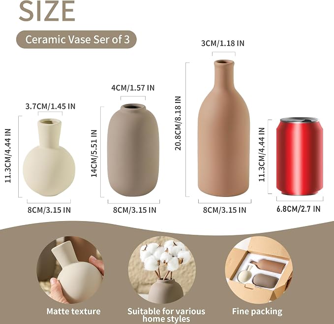 Ceramic Vases Set of 3, Modern Neutral Rustic Farmhouse Home Decor Pottery - Image 3