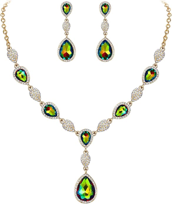 EleQueen Women's Cubic Zirconia Teardrop Y-Necklaces Dangle Earrings Jewelry Sets for Brides Bridesmaids