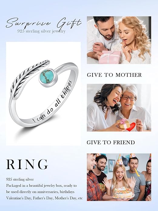 Turquoise/Moss Agate/Moonstone/Black Onyx/Lapis Lazuli/Labradorite/Tiger Eye Feather Ring 925 Sterling Silver Adjustable Ring Western Thumb Rings Vintage Jewelry Gifts for Women