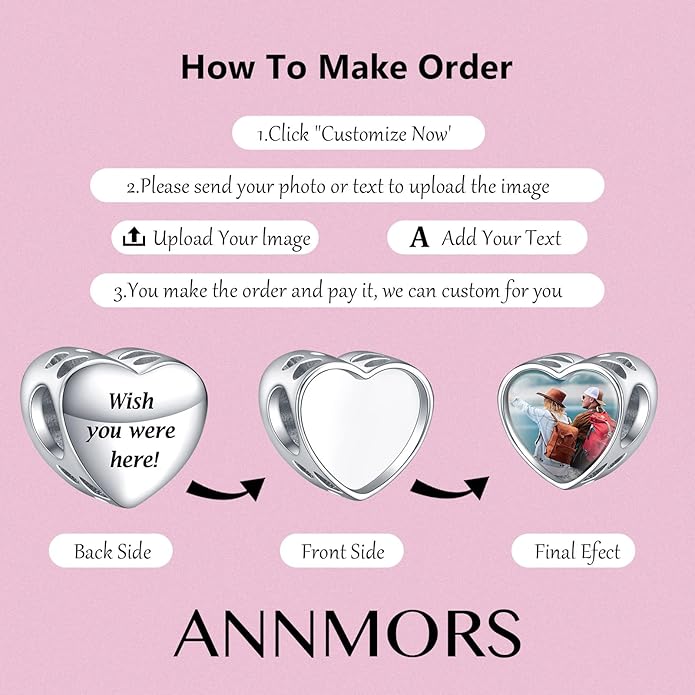 Annmors Personalized Photo Charms For Bracelets/Necklace 925 Sterling Silver Love Heart Shaped Engraved Customize Picture Gift for Birthday Mother's Day,Bead Charms Jewelry for Women
