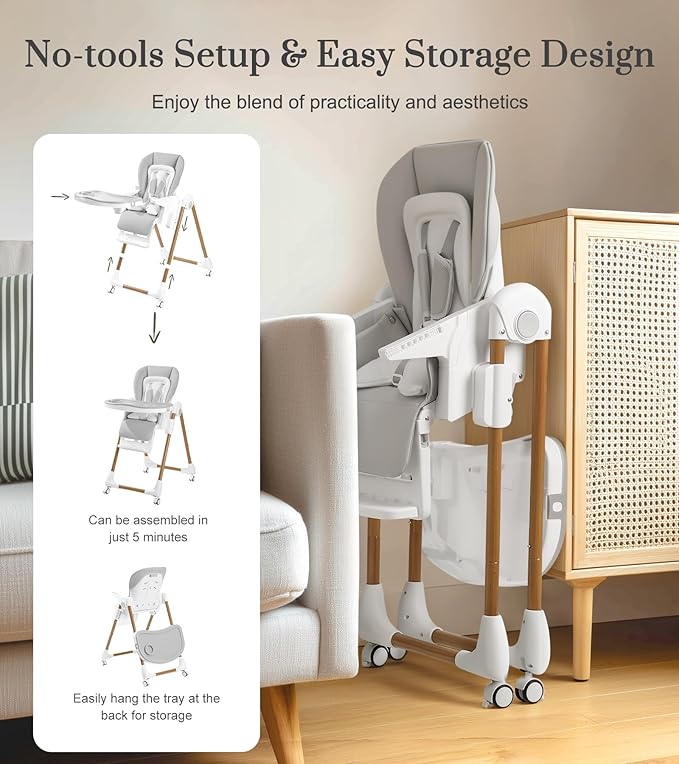 Mallify Foldable High Chairs for Babies and Toddlers, 3-in-1 Convertible Baby High Chair with Removable Soft Cushion and Tray, Adjustable Height & Recline, Lockable Wheels, Ligh Gray