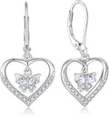 Butterfly Birthstone Heart Dangle Drop Earrings, 925 Strlings Silver 5A Cubic Zircon Leverback Earrings Jewelry Anniversary Birthday Gifts for Women