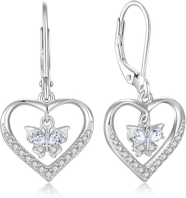 Butterfly Birthstone Heart Dangle Drop Earrings, 925 Strlings Silver 5A Cubic Zircon Leverback Earrings Jewelry Anniversary Birthday Gifts for Women