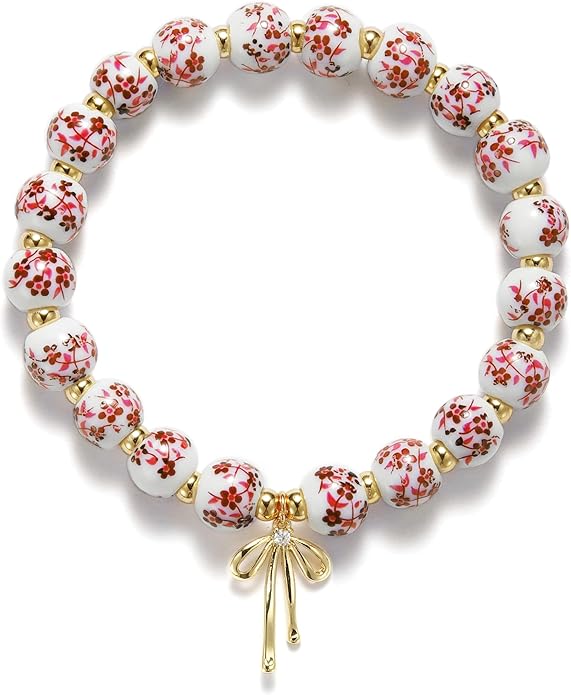Beads Bow Charm Bracelet for Women Flower Vintage Bracelet Handmade Stretch Beaded Dainty Romantic Jewelry Gifts