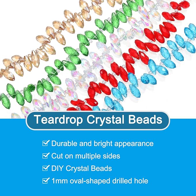 PATIKIL 2 Strands 180-190Pcs Teardrop Crystal Beads, 12x6mm Faceted Teardrop Briolette Horizontal Glass Beads Loose Bead for Bracelet Jewelry Making, Lake Blue