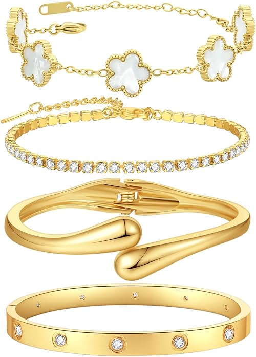 PDWZNBA 18K Gold-Plated Bracelet Set – Floral Clover, Tennis, Chunky Adjustable Twist Cuff, Classic Gold-plated Bangle Stainless Steel, Non Tarnish, Stackable Bracelet Gift for Women