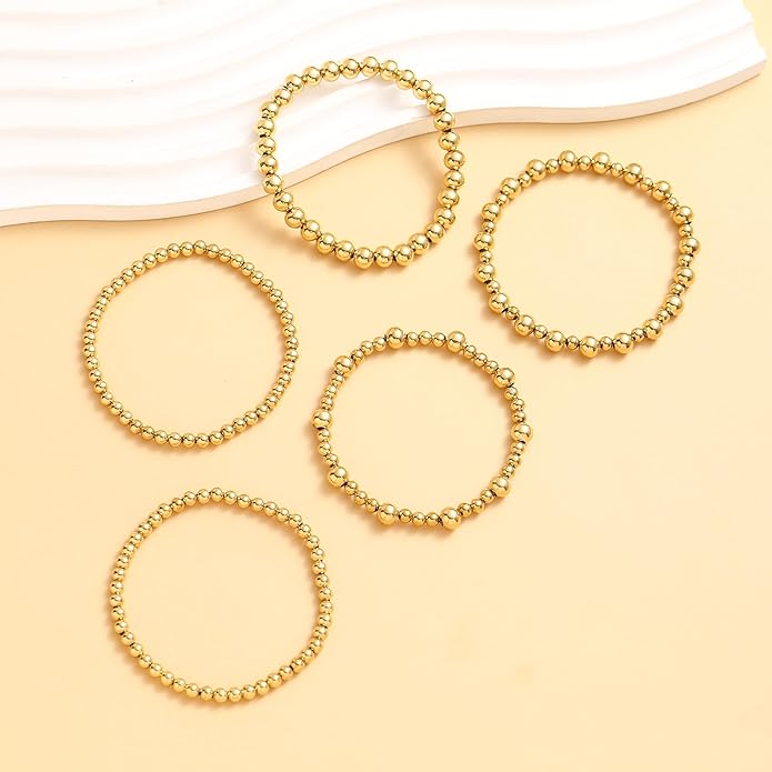 wgoud Gold Bracelets for Women - Trendy 14K Real Gold Plated Beaded Bracelet Set with Stretch Beads, Waterproof, Adjustable, Perfect Gifts