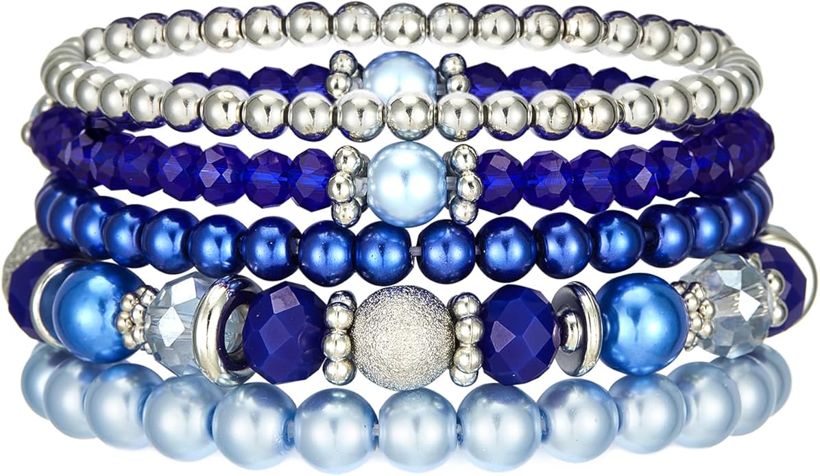 Noessla Beaded Pearl Stretch Bracelet Silver Stackable Crystal Beads Bracelets Trendy Costume Jewelry Mothers Day Gifts for Women