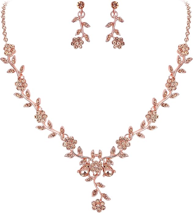BriLove Women's Wedding Jewelry Leaf Cluster Flower Crystal Dangle Earrings Pendant Necklace Set for Bridal