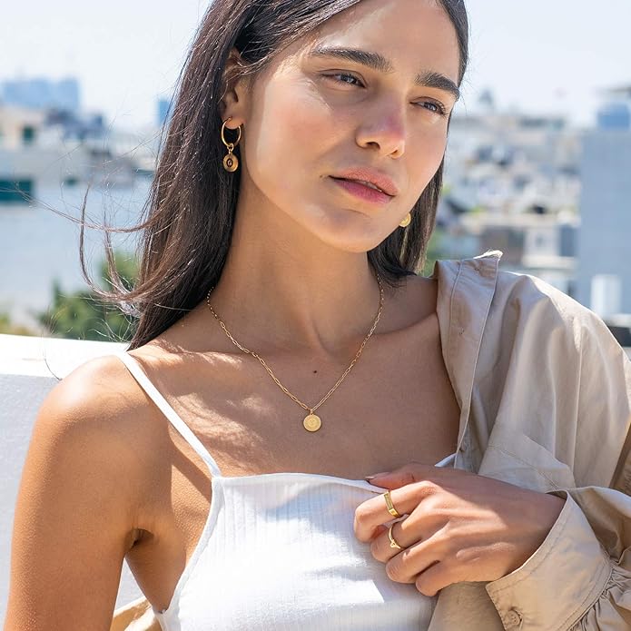 MyNameNecklace Personalized Odeion Initial Round Disc Shape Charm Hoop Earrings in Sterling Silver 925/ Gold Plating- Classic Delicate Jewelry Gift