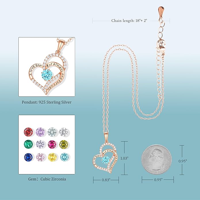 Birthday Gifts Double Heart Birthstone Necklace for Women, S925 Sterling Silver Pendant Necklace Jewelry for Her Mother Mom Wife Girlfriend