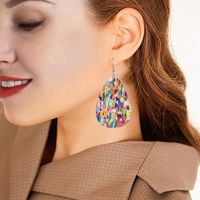 Colorful Watercolor Teardrop Earrings For Women, Dangle Earrings Jewelry For Women, Lightweight Faux Leather Earrings Gifts