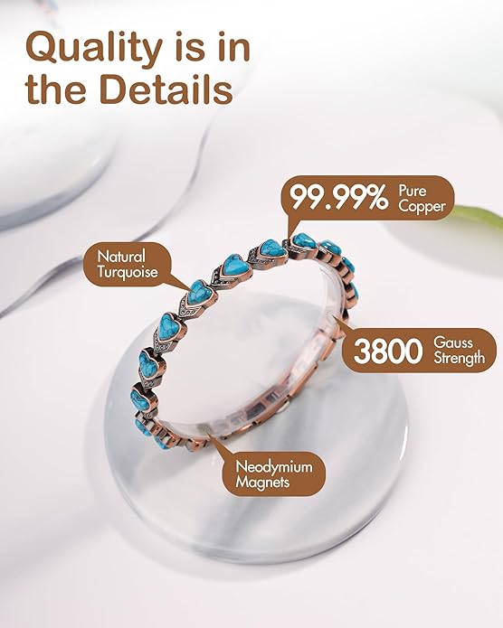 Feraco Pure Copper Bracelets for Women, Ultra Strength Magnetic Bracelet with 3800 Gauss Magnets & Natural Turquoise & Stones, Adjustable, Jewelry Gift