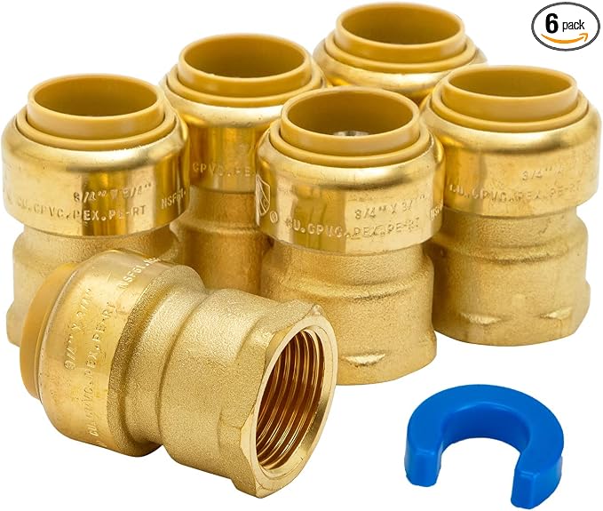 6-Pack 3/4 Inch Female Adapter Push Fit, 3/4 Inch FNPT Adapter | Brass by SUNGATOR