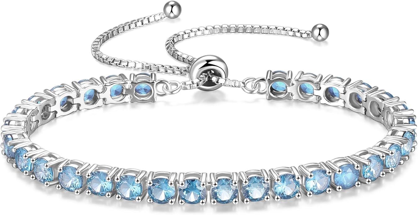 FANCIME Birthstone Bracelet Jewelry for Women Sterling Silver Tennis Bracelet Classic Bolo Adjustable Chain Fine Jewelry Anniversary Birthday Gifts for Women Mom Wife Her