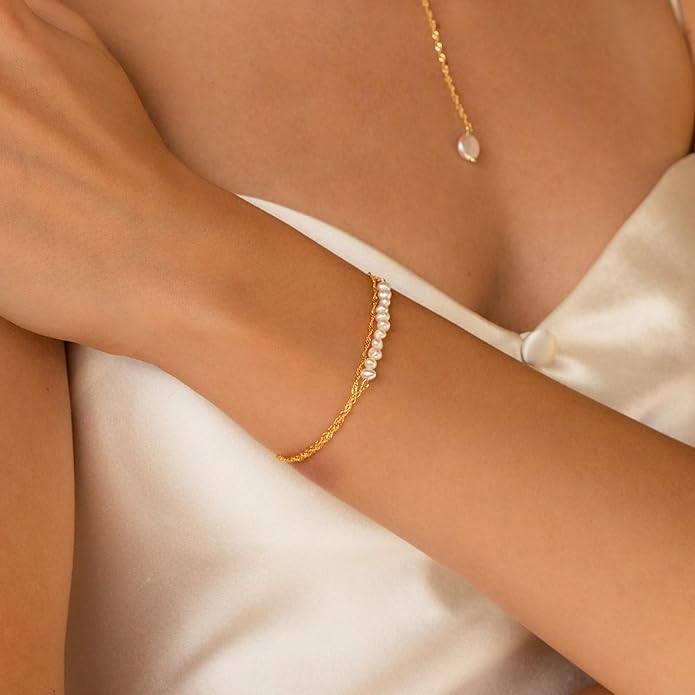 SLOONG Valentines Day Gifts for Her Gold Pearl Bracelets, 18K Real Gold Plated Dainty Stackable Snake Chain CZ Heart Pendant Bracelets, Layered Waterproof Jewelry Gift for Women Adjustable 6"+2"