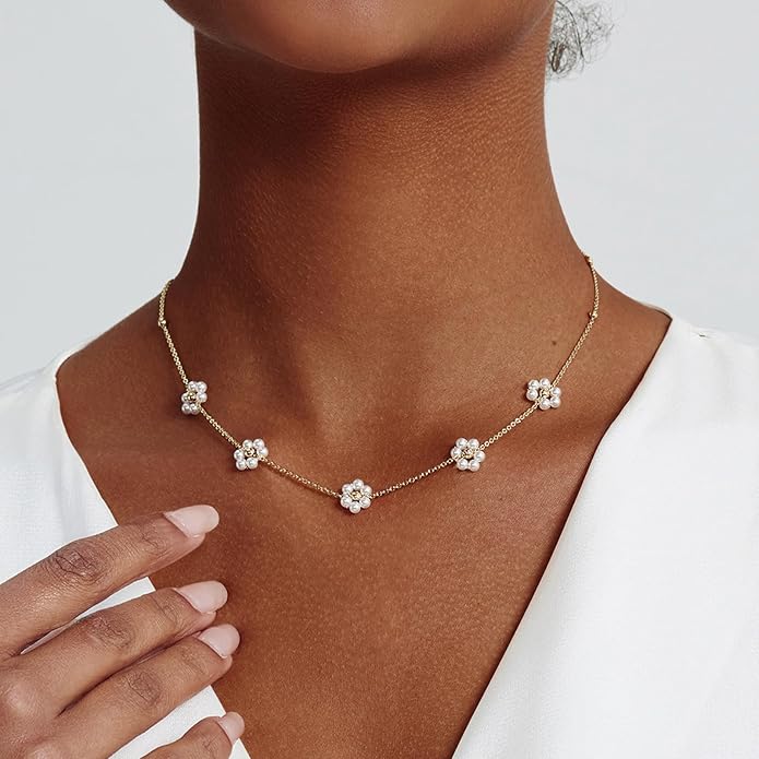 OGD Gold Pearl Necklaces Set for Women 14K Gold Plated Dainty Layered Pearl Cute Daisy Pearl Choker Gold Necklace Gifts for Women Gold Trendy Jewelry Gifts