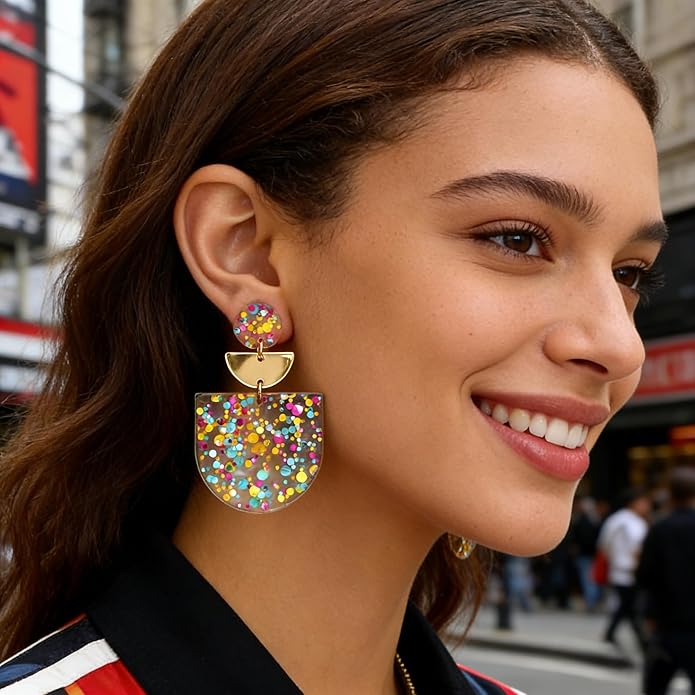 Women's Multicolor Confetti Acrylic Earrings - Boho Geometric Half Moon Dangle Earrings, Funky Neon Sparkly Statement Earrings for Summer Party & Daily Wear