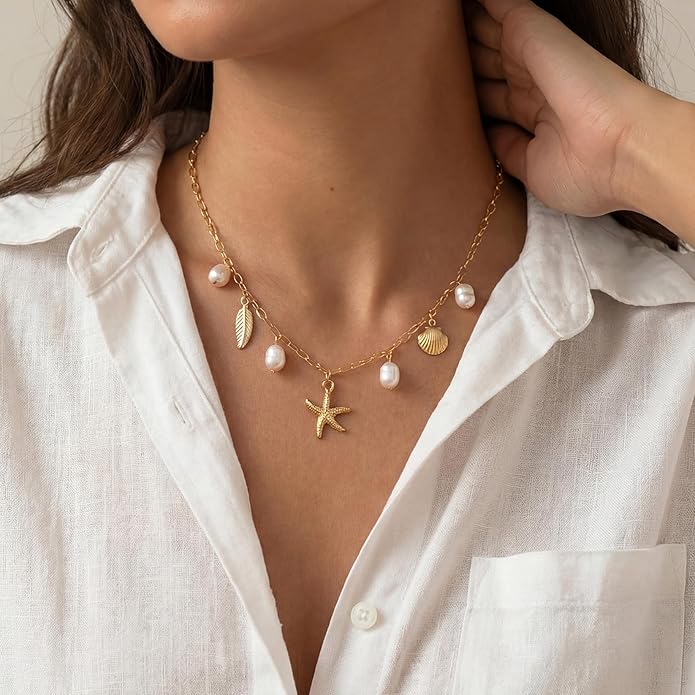 Shell Starfish Necklace for Women, 14k Gold Plated Boho Layered Beaded Charm Pendant Necklace, Dainty Adjustable Pearl Conch Summer Beach Vacation Jewelry Gifts