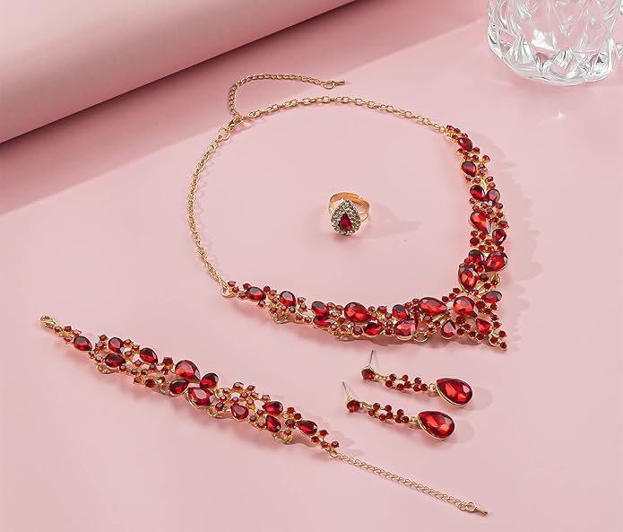 Crystal Bridal Wedding Jewelry Sets for Women Rhinestone Teardrop Crystal Statement Choker Necklace Drop Earrings Link Bracelets Rings Teardrop Jewelry Set for Brides Bridesmaids