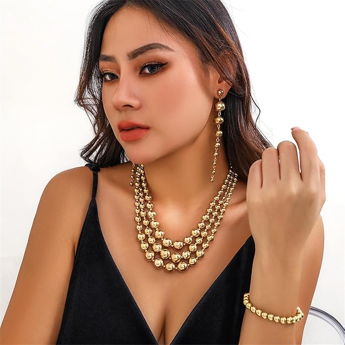 YBMYCM Gold-plated Beaded Jewelry Set Chunky Multi Strands Choker Necklace Bracelet Earrings Set for Women
