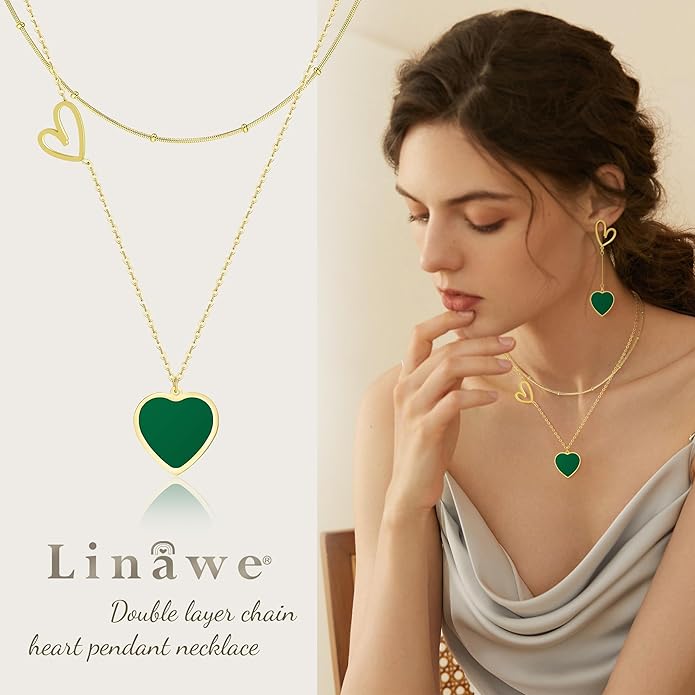 Linawe Layered Choker Heart Pendant Necklace for Women Trendy, Gold/Silver/Rose Gold Chain Stainless Steel Stacked Necklaces, Double Heart Necklace Y2K Preppy Jewelry
