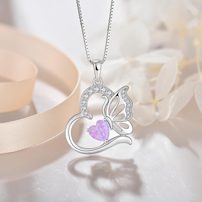 Butterfly Necklace for Women 925 Sterling Silver Heart Pendant Birthstones Jewelry Gift