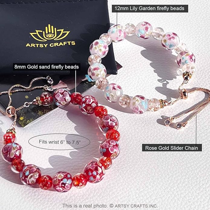 ARTSY Crafts Lily Garden Glow in the Dark Firefly Bead Bracelets Necklaces, Handmade in USA Murano Glass Jewelry, Flower Luminous Beads Mermaid Crystal Bracelet Bangle