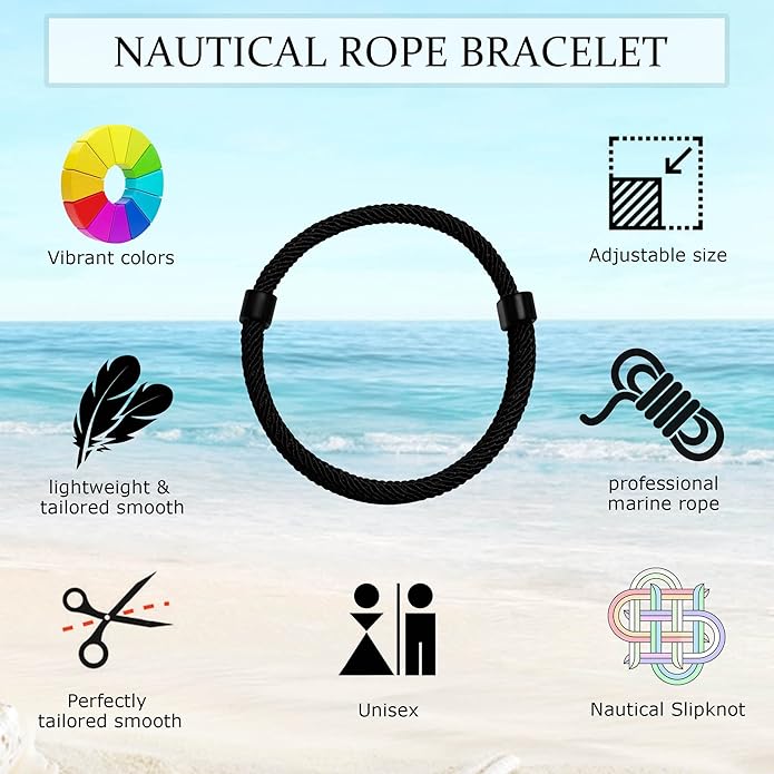 TempBeau Nautical Braided Rope Bracelets Set - 6 Pcs Adjustable Braided Cord Bracelet, Handmade Navy Marine String Bracelet with Metal Knot, Men Women Braided Bracelets Gifts