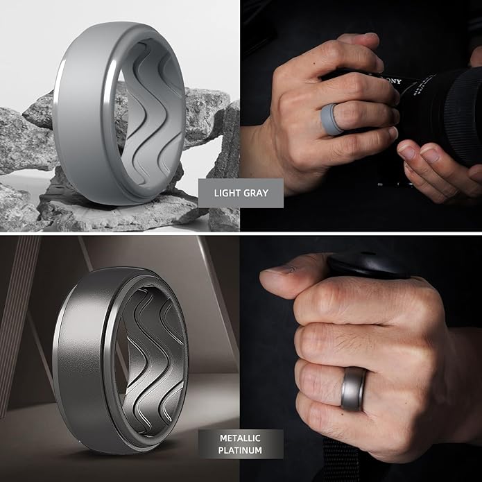 Egnaro Men's Silicone Rings 10mm Wide 2.5mm Thick, Rubber Wedding Bands with Inner Arc Ergonomic Breathable Design, 1/4/5/7 Variety Multipack