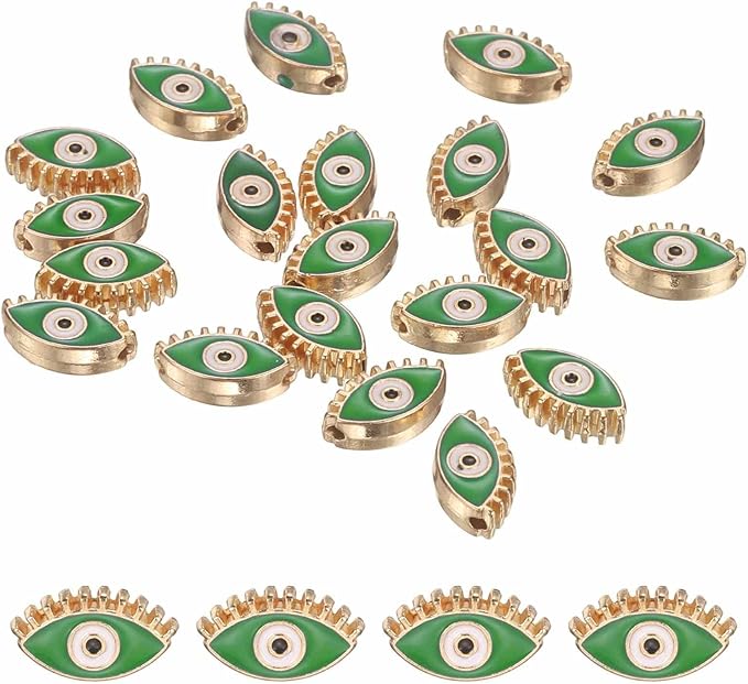 MECCANIXITY 20 Pcs Eye Shaped Evil Eye Beads Colorful Flat Loose Spacer Evil Eye Charms for DIY Bracelet Earrings Necklace Crafts Jewelry Making, Green