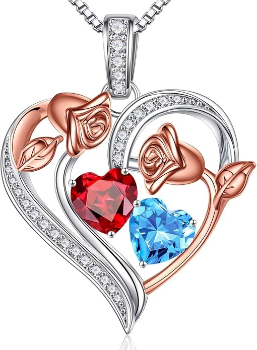 Iefil Valentines Day Gifts for Her - 925 Sterling Silver Rose Heart Necklace, Birthstone Jewelry, Anniversary Birthday Gifts for Wife Girlfriend Mom Daughter