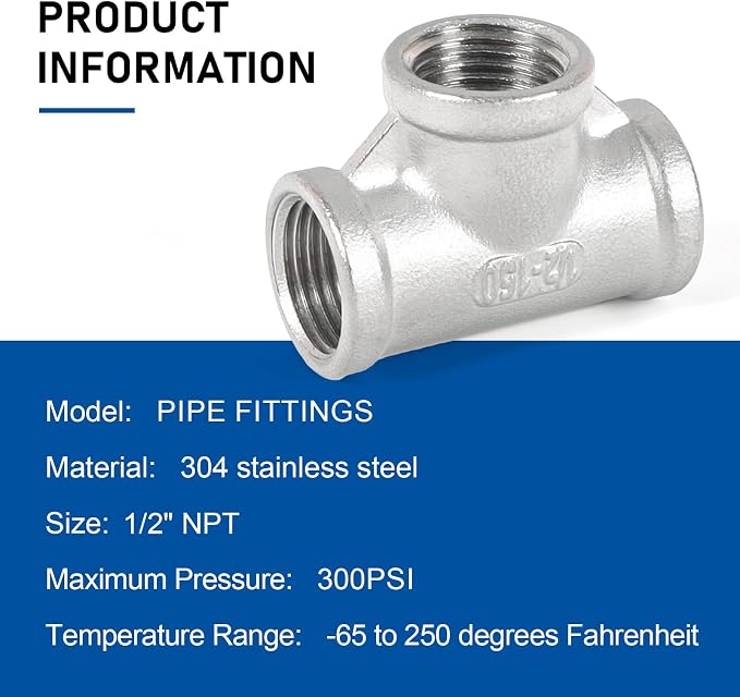Pipe Fittings 304 Stainless Steel Tee Pipe Fittings 1/2" x 1/2" x 1/2" NPT - Image 3