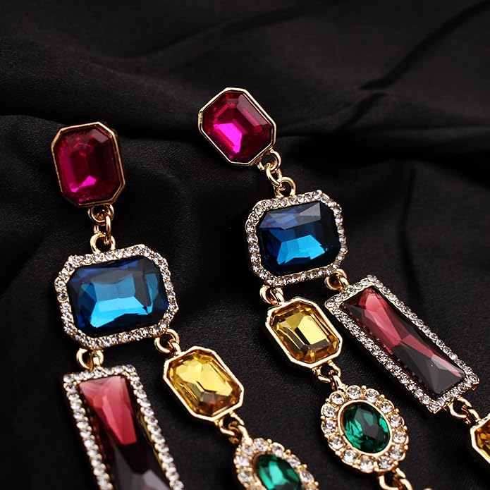 Vintage Rectangle Teardrop Chandelier Earrings, Art Deco Wedding Austrian Crystal Drop Dangle Earrings for Women Party Prom